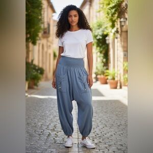 Blanco Blue Harem Pants Smocked Waist 100% Cotton Size  Medium